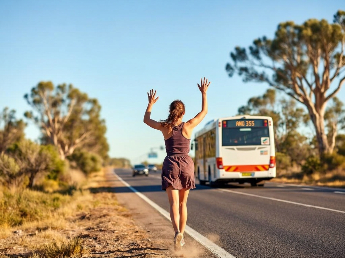 Woman running after a bus from behind with her hands raised on an Australian road